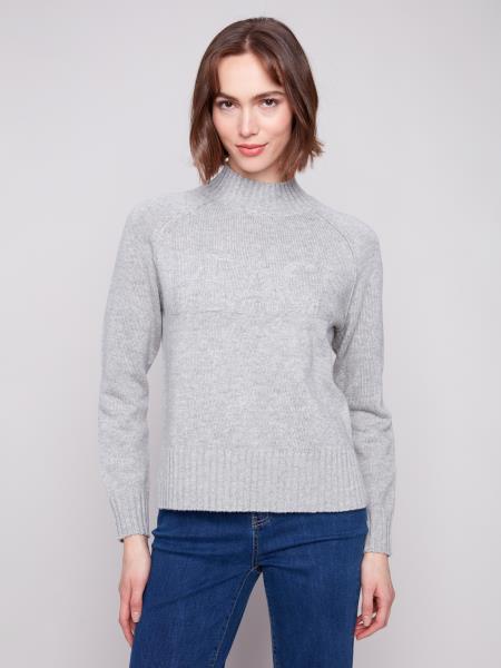 Charlie B Fall/Winter 2025-C2838-444C-Placed Jacquard Mock Neck Sweater-LT Grey - The Coach Pyramids