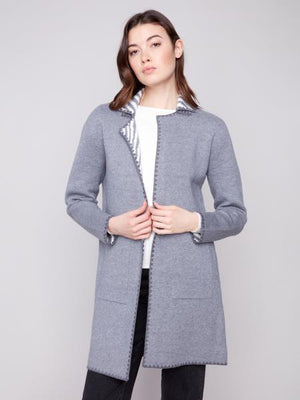 Charlie B Fall/Winter 2025-C2844P-736A-Jacquard Reversible Cardigan-H-Grey - The Coach Pyramids