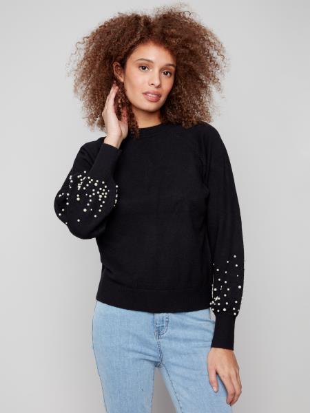 Charlie B Fall/Winter 2025-C2850B-974A-Crew Neck Sweater W/Pearl Details-Black - The Coach Pyramids