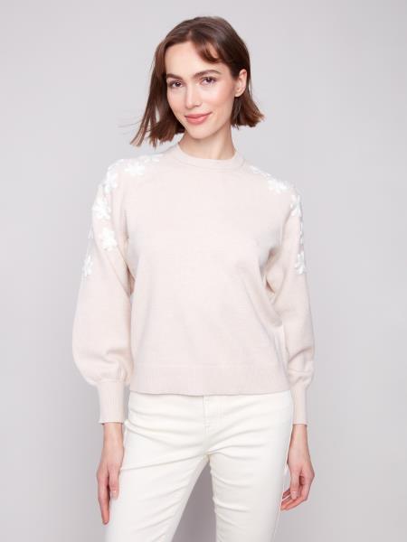 Charlie B Fall/Winter 2025-C2850E-974A-Crew Neck Sweater W/Embroidery Details-Oat - The Coach Pyramids