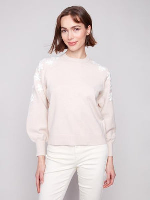 Charlie B Fall/Winter 2025-C2850E-974A-Crew Neck Sweater W/Embroidery Details-Oat - The Coach Pyramids