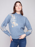 Charlie B Fall/Winter 2025-C2856-018C-Mock Neck Sweater W/Sequins Detail-Denim - The Coach Pyramids