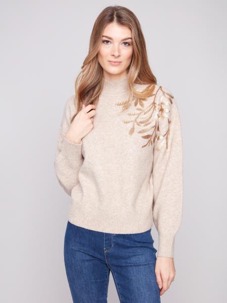 Charlie B Fall/Winter 2025-C2856-018C-Long Sleeves Mock Neck Sweater W/Sequins Detail-Oat - The Coach Pyramids