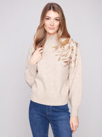 Charlie B Fall/Winter 2025-C2856-018C-Long Sleeves Mock Neck Sweater W/Sequins Detail-Oat - The Coach Pyramids