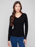 Charlie B Fall/Winter 2025-C2860-077C-V Neck Ribbed Sweater-Black - The Coach Pyramids
