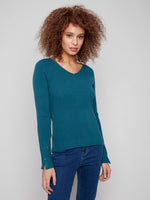 Charlie B Fall/Winter 2025-C2860-077C-V Neck Ribbed Sweater-Evergreen - The Coach Pyramids