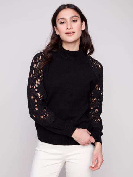 Charlie B Fall/Winter 2025-C2865-736A-Mock Neck Sweater W/Crochet Sleeves-Black - The Coach Pyramids