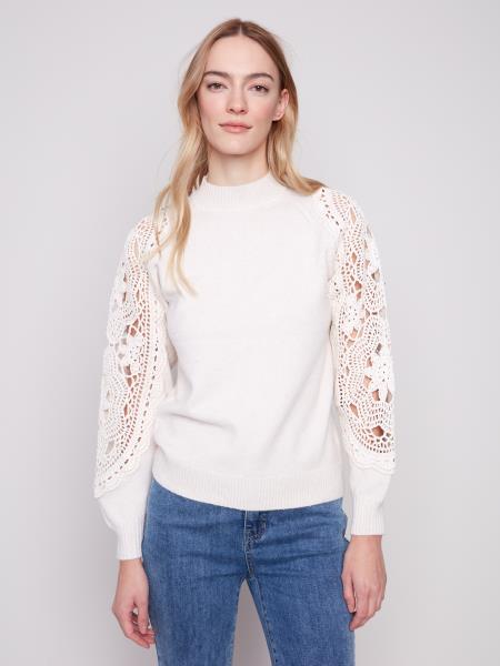 Charlie B Fall/Winter 2025-C2865-736A-Mock Neck  Sweater With Crochet Sleeves-Ecru - The Coach Pyramids