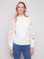 Charlie B Fall/Winter 2025-C2865-736A-Mock Neck  Sweater With Crochet Sleeves-Ecru - The Coach Pyramids