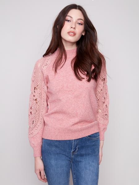 Charlie B Fall/Winter 2025-C2865-736A-Mock Neck  Sweater With Crochet Sleeves-Prim Rose - The Coach Pyramids