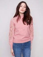 Charlie B Fall/Winter 2025-C2865-736A-Mock Neck  Sweater With Crochet Sleeves-Prim Rose - The Coach Pyramids