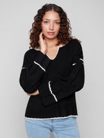 Charlie B Fall/Winter 2025-C2879-365C-Notched Neck Rib Embroidered Sweater-Black - The Coach Pyramids