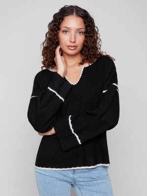 Charlie B Fall/Winter 2025-C2879-365C-Notched Neck Rib Embroidered Sweater-Black - The Coach Pyramids