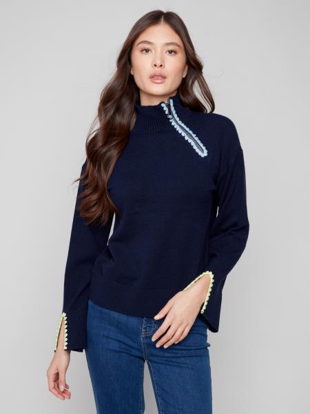 Charlie B Fall/Winter 2025-C2889-974A-Mock Neck Sweater W/ Zipper And Crochet Detail-Navy - The Coach Pyramids