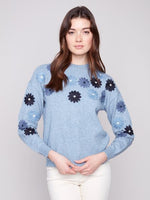 Charlie B Fall/Winter 2025-C2891-974A-Floral Embroidery Crew Neck Sweater-Denim - The Coach Pyramids