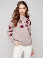 Charlie B Fall/Winter 2025-C2891-974A-Floral Embroidery Crew Neck Sweater-Taupe - The Coach Pyramids