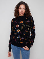 Charlie B Fall/Winter 2025-C2893-736A- Embroidered Mock Neck Sweater-Black - The Coach Pyramids
