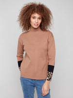 Charlie B Fall/Winter 2025-C2895-644B-FunnelSweater W/Color Block Detail At Sleeves-Truffle - The Coach Pyramids