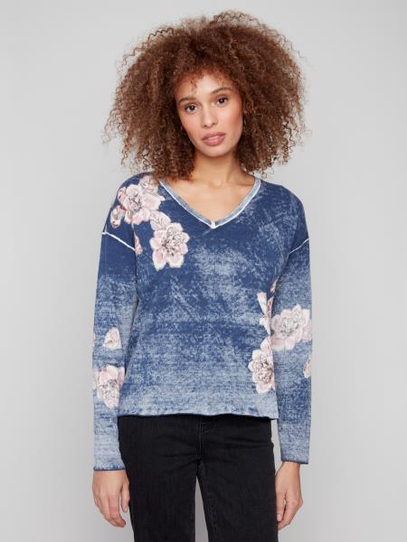 Charlie B Fall/Winter 2025-C2907-626B-Reverse Print W/Floral Print Sweater-Denim