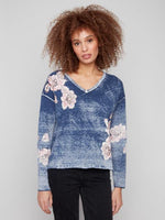 Charlie B Fall/Winter 2025-C2907-626B-Reverse Print W/Floral Print Sweater-Denim