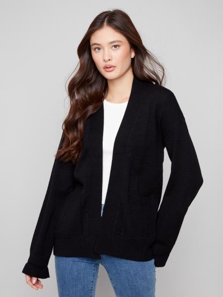 Charlie B Fall/Winter 2025-C2937-974A-Long Sleeve Cardigan W/Patch Pockets-Black - The Coach Pyramids