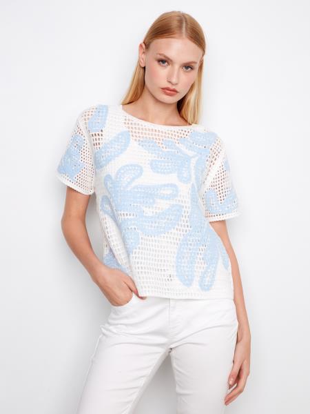 Charlie B-C2960-P002-S/S Crochet Sweater W/Leaves Pattern-White - The Coach Pyramids