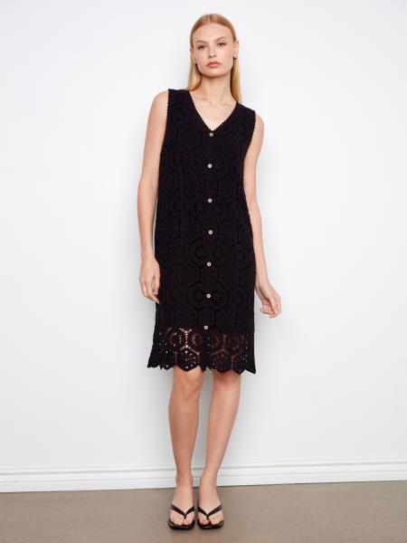 Charlie B-C3243-001-Crochet Sleeveless Midi Dress-Black - The Coach Pyramids