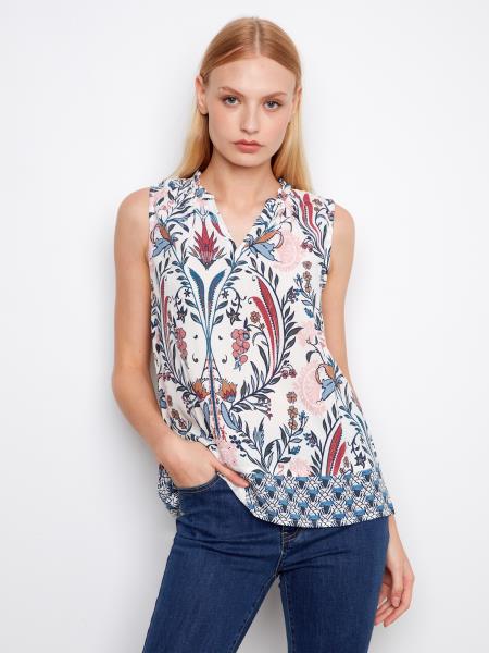Charlie B-C4529B-P143-Border Print Ruffle Neck Sleeveless Top-Bella - The Coach Pyramids