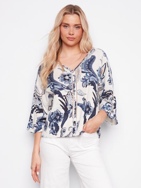 Charlie B-C4650-P498-Printed Dolman Sleeve Blouse-Paisley - The Coach Pyramids