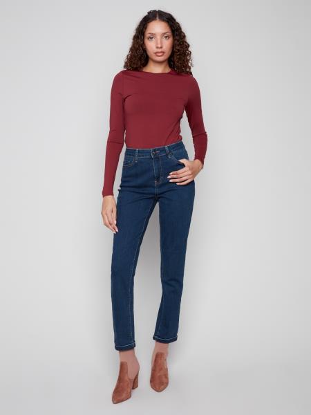 Charlie B Fall/Winter 2025-C5309-431A-Cuffed Hem Slim 5 Pocket Stretch Denim Pants-Dark Blue - The Coach Pyramids