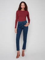 Charlie B Fall/Winter 2025-C5309-431A-Cuffed Hem Slim 5 Pocket Stretch Denim Pants-Dark Blue