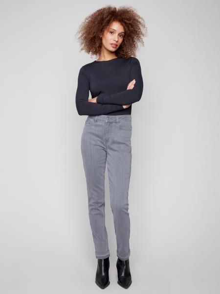 Charlie B Fall/Winter 2025-C5309-551A-Cuffed Hem Slim 5 Pocket Stretch Denim Pants-Smoke Grey - The Coach Pyramids