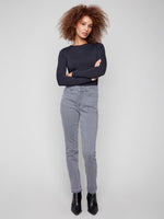 Charlie B Fall/Winter 2025-C5309-551A-Cuffed Hem Slim 5 Pocket Stretch Denim Pants-Smoke Grey