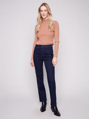 Charlie B Fall/Winter 2025-C5584R-431A- Straight Leg Stretch Denim Pants W/Elastic Inside Waistband-Blue Black - The Coach Pyramids