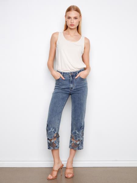 Charlie B-C5660R-140-Cropped Wide Leg Stretch Denim Pants W/Pockets-LT Blue - The Coach Pyramids