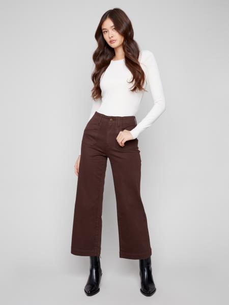 Charlie B Fall/Winter 2025-C5660-618A- Cropped Wide Leg Twill Pants W/Rectangular Patch Pockets-Mocha - The Coach Pyramids