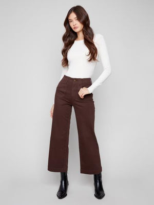 Charlie B Fall/Winter 2025-C5660-618A- Cropped Wide Leg Twill Pants W/Rectangular Patch Pockets-Mocha - The Coach Pyramids