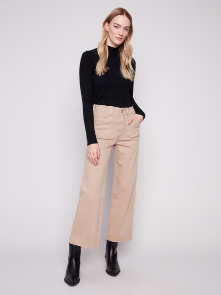Charlie B Fall/Winter 2025-C5660-618A-Cropped Wide Leg Twill Pants W/Rectangular Patch Pockets-Sesame