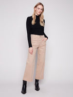Charlie B Fall/Winter 2025-C5660-618A-Cropped Wide Leg Twill Pants W/Rectangular Patch Pockets-Sesame
