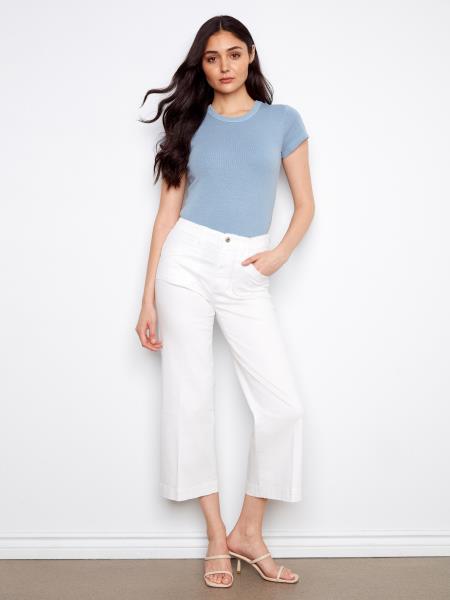 Charlie B-C5660R-002-Cropped Wide Leg Stretch Twill Pants W/Pockets-White - The Coach Pyramids