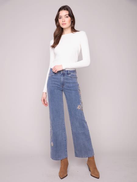 Charlie B Fall/Winter 2025-C5669-431A-Flower And Sequins Embroidered Stretch Denim Pants-Medium Blue - The Coach Pyramids
