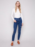 Charlie B Fall/Winter 2025-C5672-431A-Beaded Embroidery Skinny Leg Stretch Denim Pants-Indigo - The Coach Pyramids