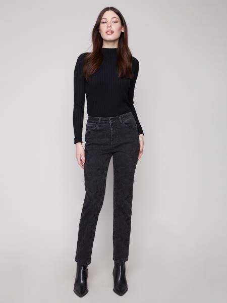 Charlie B Fall/Winter 2025-C5676-551A-Straight Leg Stretch Denim Pants W/Allover Tonal Embroidery-Charcoal - The Coach Pyramids