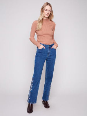 Charlie B Fall/Winter 2025-C5694-431A-Paisley Embroidered Straight Leg Denim Pants-Indigo - The Coach Pyramids