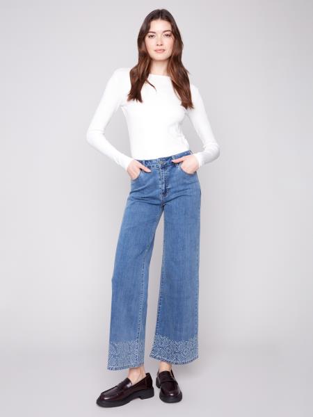Charlie B Fall/Winter 2025-C5701-431A-Wide Leg Stretch Denim Pants W/Patterned Studs At Hem-Medium Blue - The Coach Pyramids