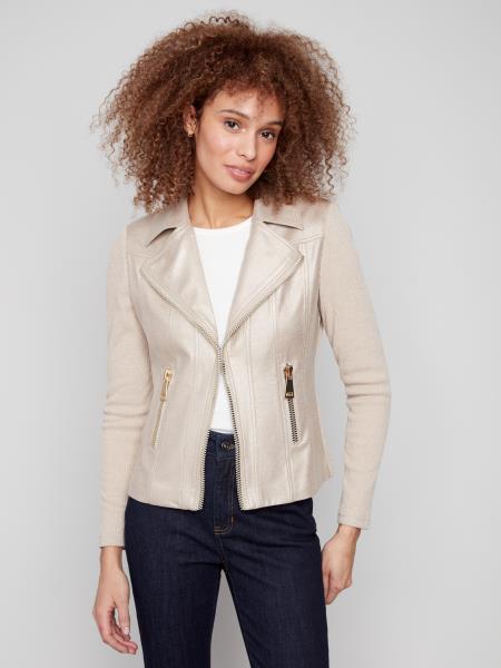 Charlie B Fall/Winter 2025-C6273X-704B-Foil Vintage Leather And Rib Knit Combo Jacket-Brass