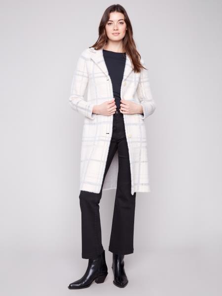 Charlie B Fall/Winter 2025-C6326R-950B-Plaid Knit Coatigan-Ivory