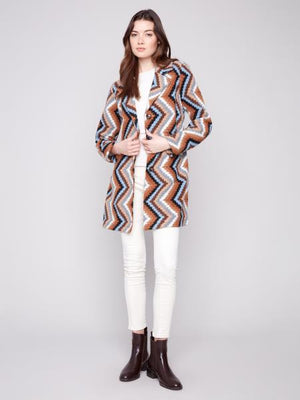 Charlie B Fall/Winter 2025-C6346R-642B-Crochet Design Long Coat W/Button Closure-Sepia - The Coach Pyramids