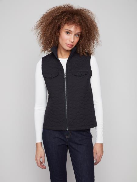 Charlie B Fall/Winter 2025-C6371P-323C-Floral Quilted Short Vest-Black - The Coach Pyramids