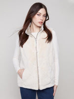Charlie B Fall/Winter 2025-C6374-388B-Solid Reversible Quilted Faux Fur Nylon Vest-Greige